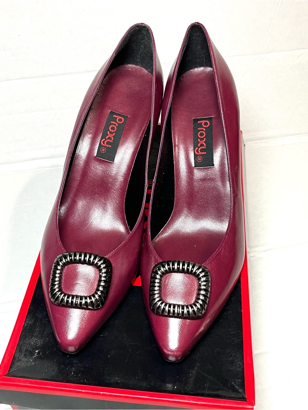 Proxy Burgundy Pointed Toe Heels with Decorative Buckle Accent
